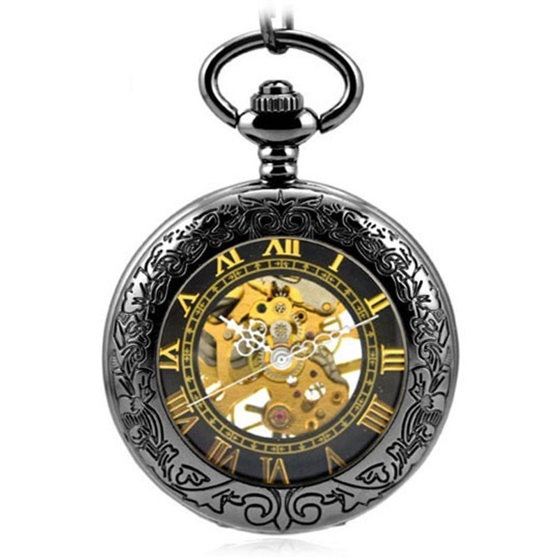 Black Steampunk Skeleton Mechanical Pocket Watch Men Antique Luxury Brand Necklace Pocket & Fob Watches Chain Male Clock