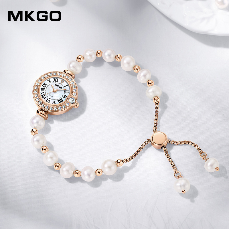 MKGO New Freshwater Pearl Watch Women's Fritillaria Dial Small Fashion Roman Pattern Diamond Inlaid Women's Watch