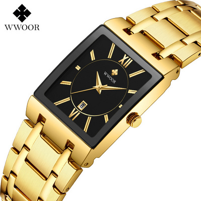 WWOOR 8858 Mens Watches Top Brand Luxury Gold Square Analog Quartz Watch Men Wristwatch Waterproof Golden Male Wrist Watch Man C