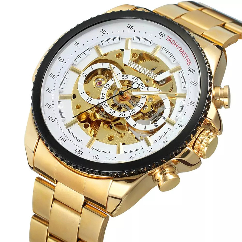 Top Brand Luxury Gold WINNER Men Watch Cool Mechanical Automatic Wristwatch Stainless Steel Band Male Clock Skeleton Roman Dial