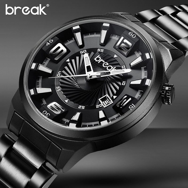 BREAK Men 5109 Top Brand Stainless Steel Band Fashion Casual Analog Quartz Sports Wristwatches Calendar Dress Gift Watches