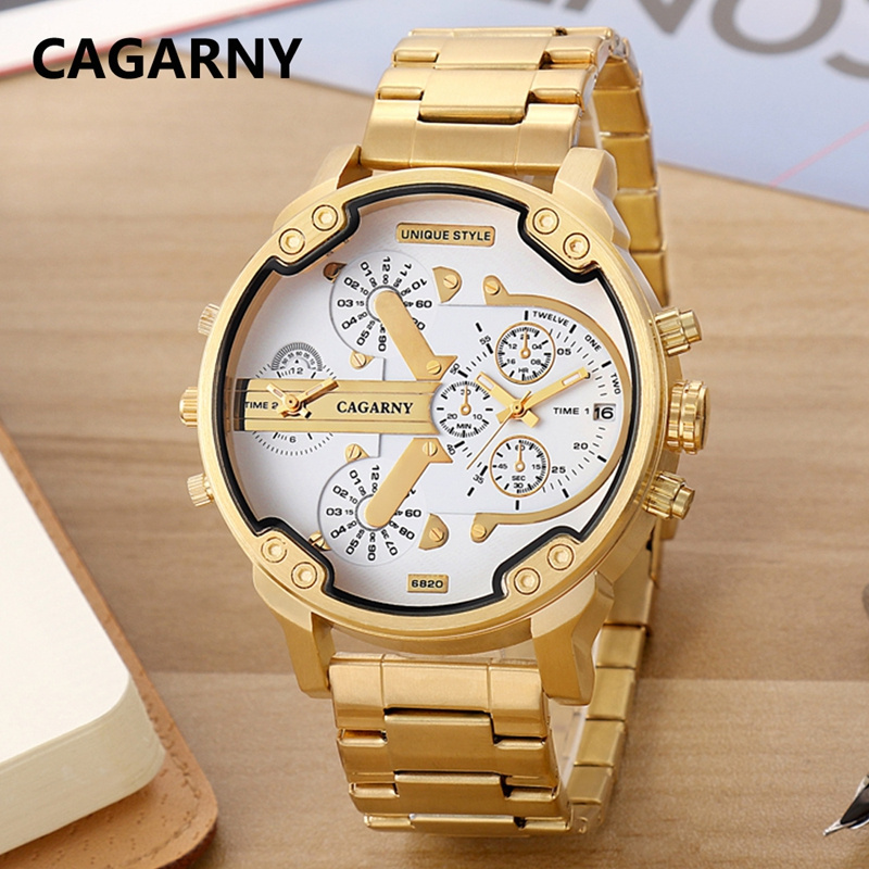 CAGARNY Mens Watches Top Brand Big Case Quartz Watch For Men Golden Steel Band Relogio Masculino Two Times Clock