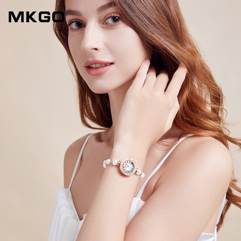 MKGO New Freshwater Pearl Watch Women's Fritillaria Dial Small Fashion Roman Pattern Diamond Inlaid Women's Watch