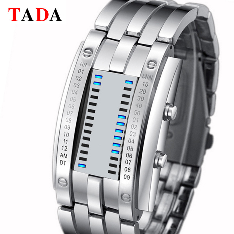 TADA Brand Luxury Binary Electronic Watches Silver/Black Stainless Steel Waterproof Women Men Digital Led Sports Watch