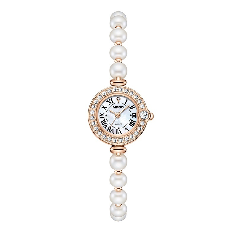 MKGO New Freshwater Pearl Watch Women's Fritillaria Dial Small Fashion Roman Pattern Diamond Inlaid Women's Watch