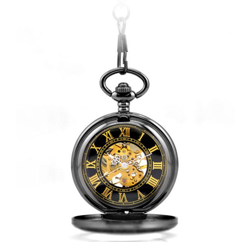 Black Steampunk Skeleton Mechanical Pocket Watch Men Antique Luxury Brand Necklace Pocket & Fob Watches Chain Male Clock