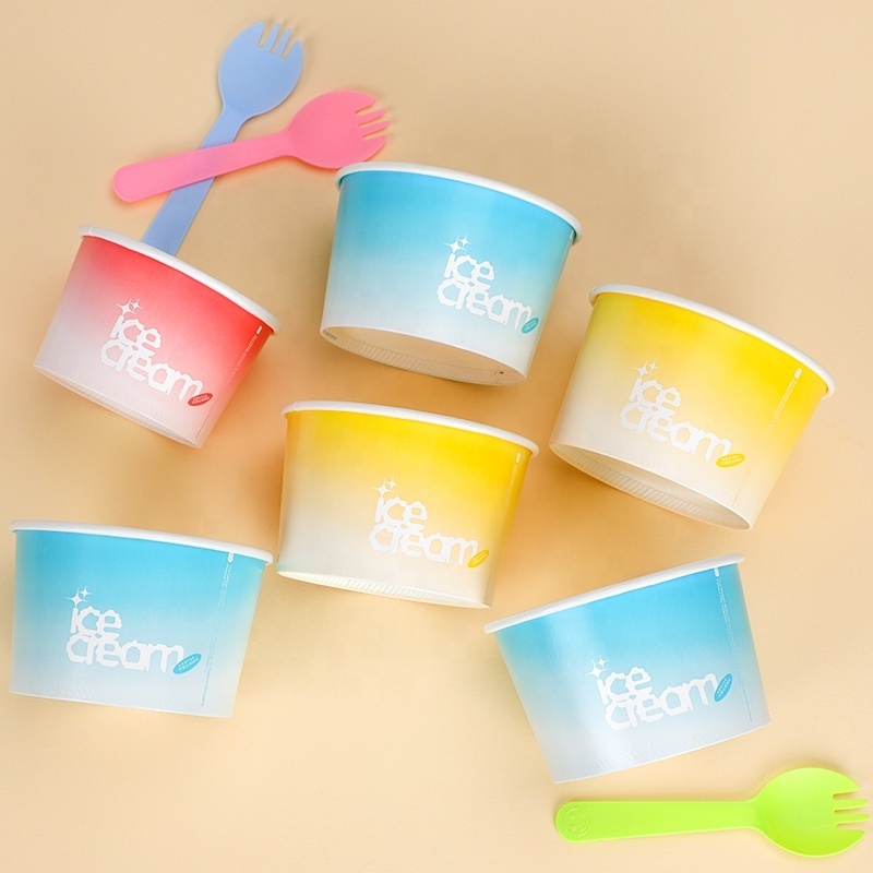 Customized Double Wall Paper Cup with Custom Logo Disposable Ice Cream  Packaging with  Round Lid