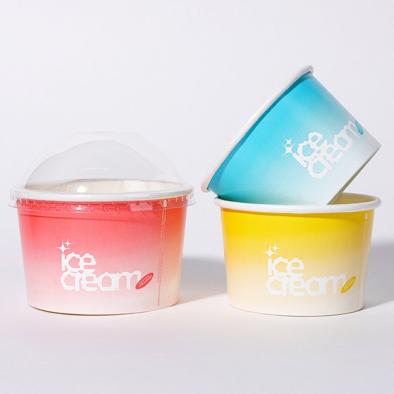 Customized Double Wall Paper Cup with Custom Logo Disposable Ice Cream  Packaging with  Round Lid