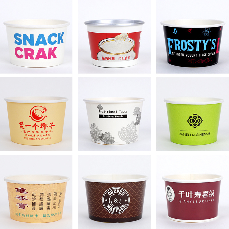 Customized Double Wall Paper Cup with Custom Logo Disposable Ice Cream  Packaging with  Round Lid