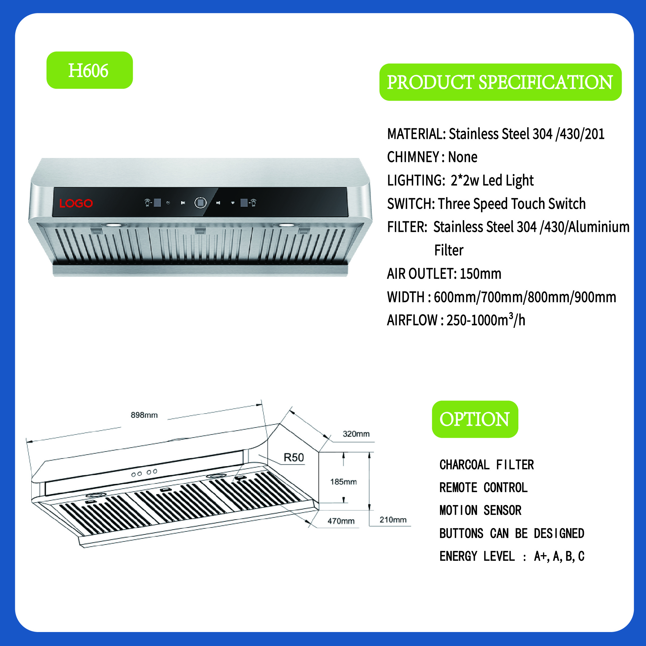 OEM 11-14 cbm/min air flow 150w motor kitchen hood 2*2W led lamp 3 speed touch switch range hood low noise  kitchen hood