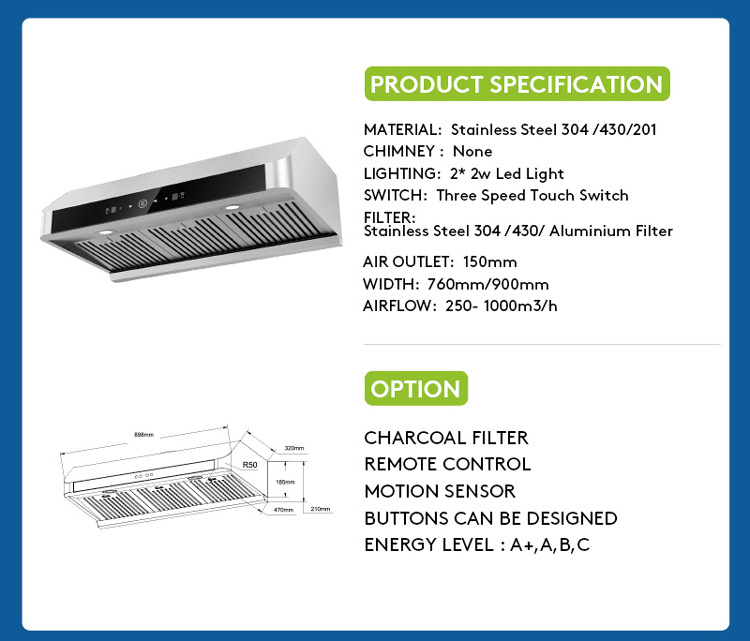 OEM 11-14 cbm/min air flow 150w motor kitchen hood 2*2W led lamp 3 speed touch switch range hood low noise  kitchen hood