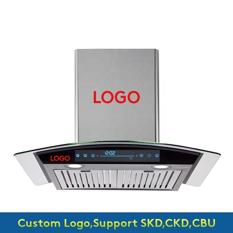 OEM Custom 180W 600mm 700mm 800mm 900mm Wall Mounted  70cm Curved Glass Range Hood Cooker Hood  Kitchen hood