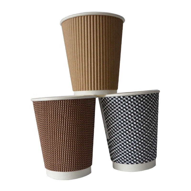 8oz 12oz 16oz Triple Wall Customized Design Ripple Paper Cups/Corrugated Wall Paper Coffee Cups