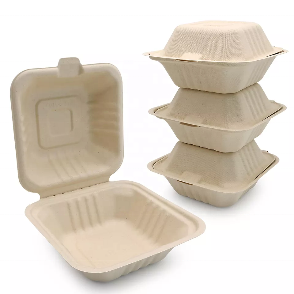 Wholesale Disposable Biodegradable Taper Sugarcane Bagasse Burger Box To Go Fast Food Packaging Container