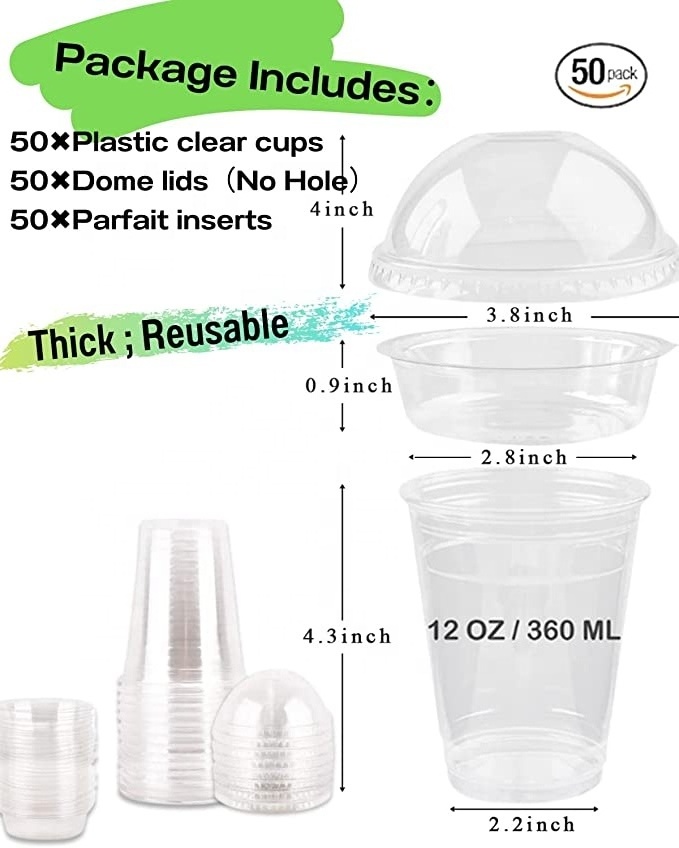 Clear Plastic Cups with Insert & Dome Lids(NO HOLE)  Disposable Parfait Cups for Fruit Yogurt Smoothie Dessert