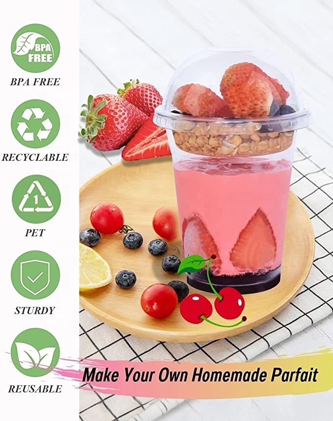 Clear Plastic Cups with Insert & Dome Lids(NO HOLE)  Disposable Parfait Cups for Fruit Yogurt Smoothie Dessert