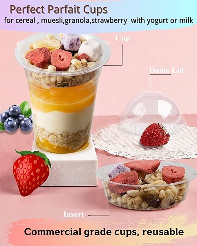 Clear Plastic Cups with Insert & Dome Lids(NO HOLE)  Disposable Parfait Cups for Fruit Yogurt Smoothie Dessert