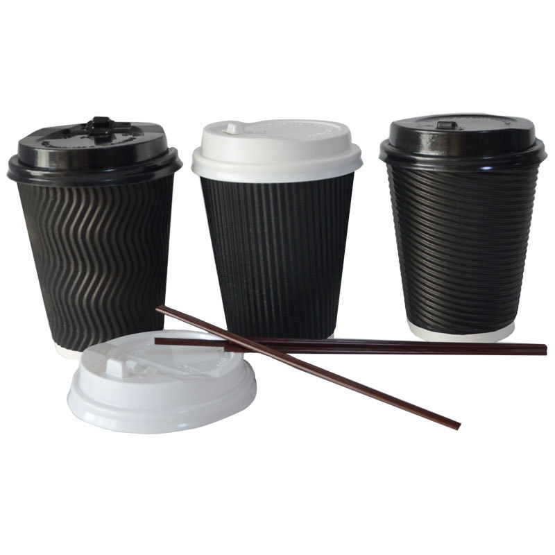 PLA lining paper cups ripple wall black color coffee paper cup coffee cups with lids 12 oz