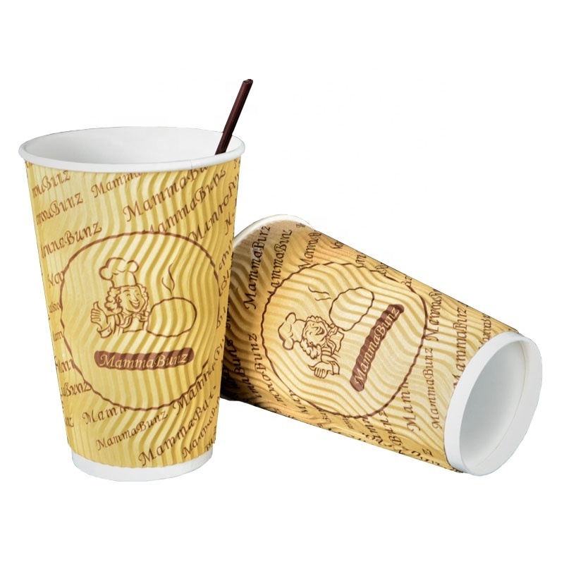 8oz 12oz 16oz Triple Wall Customized Design Ripple Paper Cups/Corrugated Wall Paper Coffee Cups