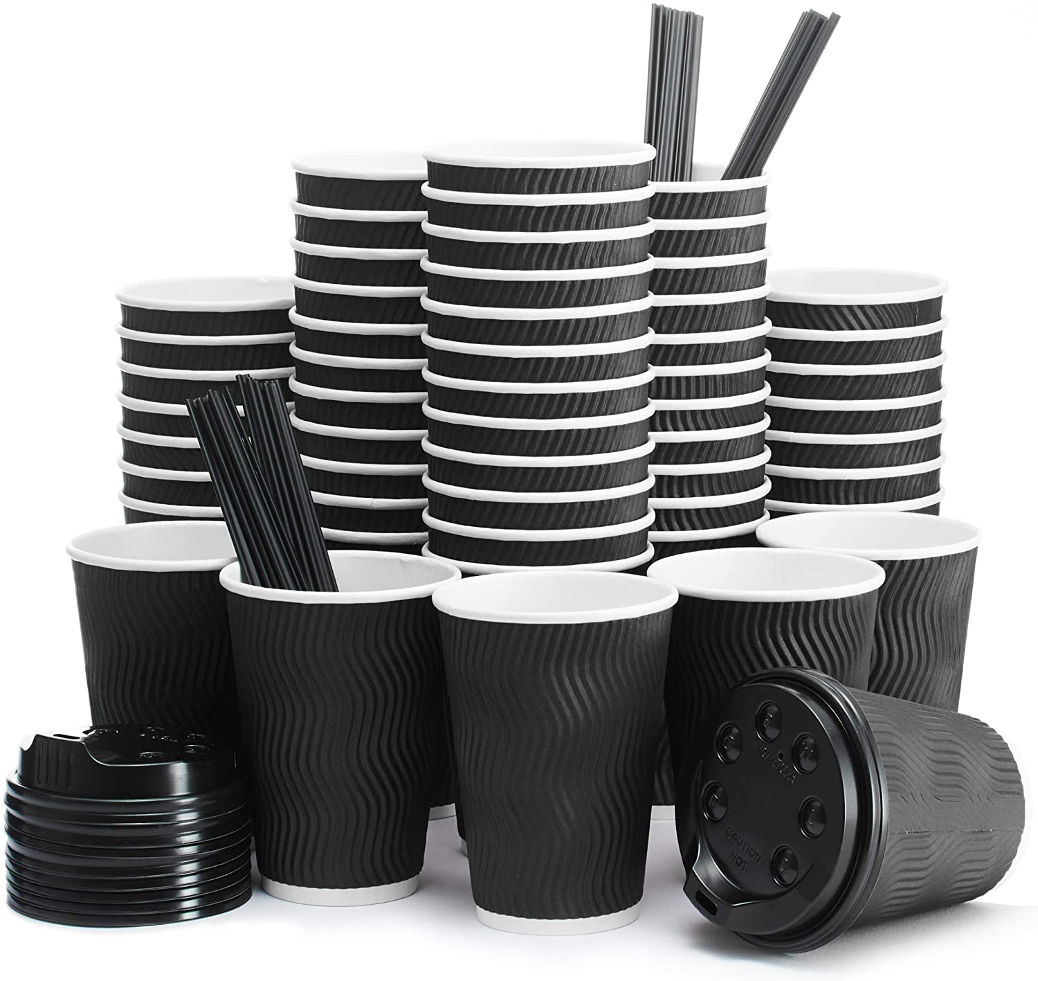 PLA lining paper cups ripple wall black color coffee paper cup coffee cups with lids 12 oz