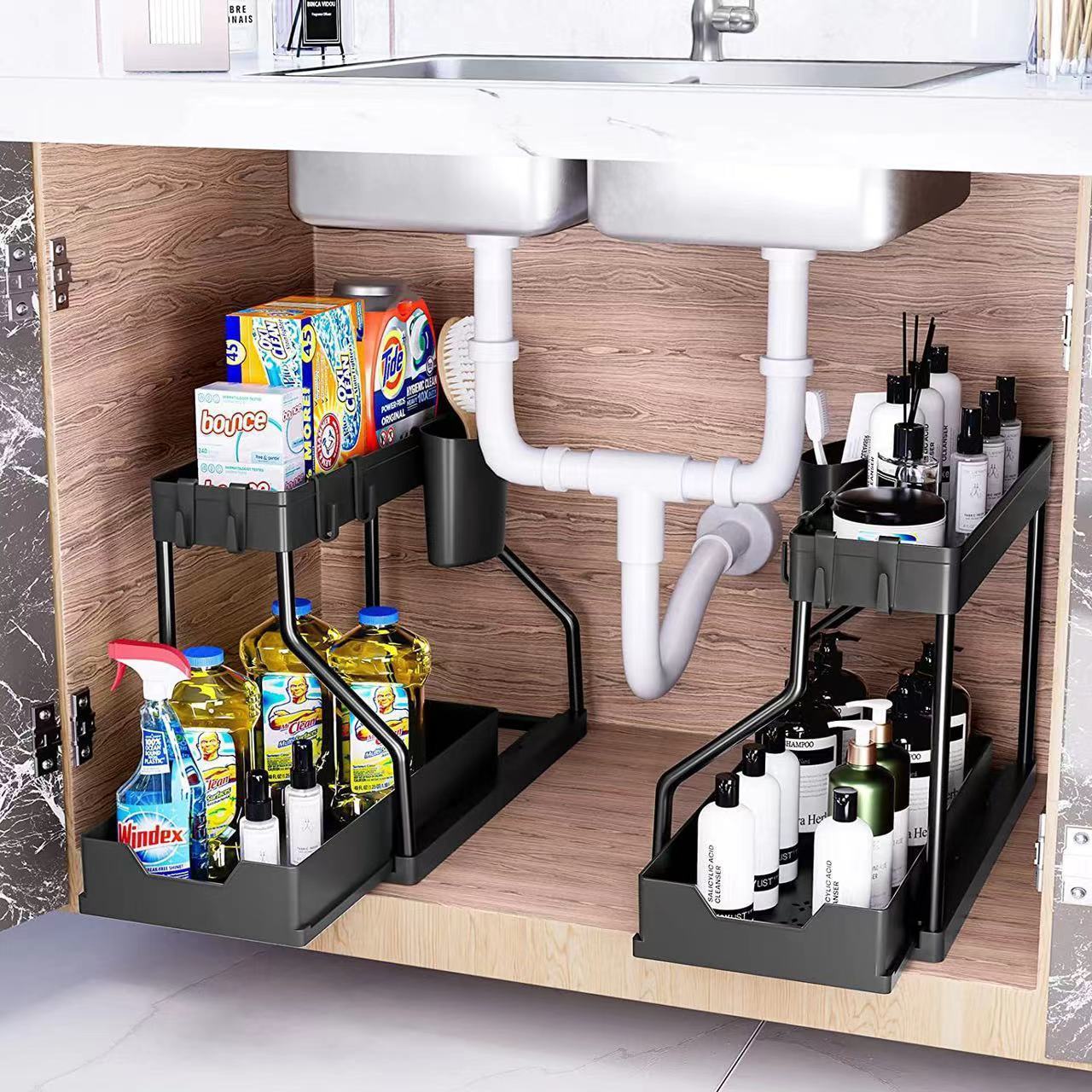 Metal Under Sink Pull Out Cabinet Organizer Shelf Storage Shelves for Kitchen Double Pull-Out Shelf Cabinet Drainage Sink Rack