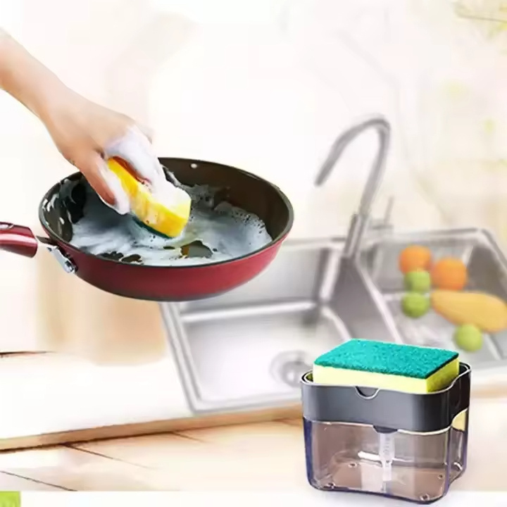 Two In One Pressure Type Dish Washing Brush Soap Liquid Box Household Kitchen Brush Dish Sponge Washing Liquid Dispenser