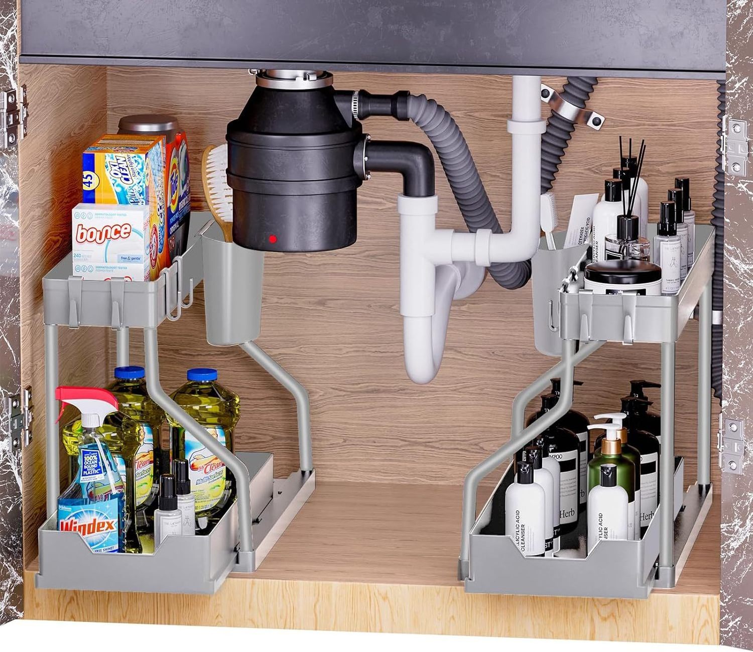 Metal Under Sink Pull Out Cabinet Organizer Shelf Storage Shelves for Kitchen Double Pull-Out Shelf Cabinet Drainage Sink Rack