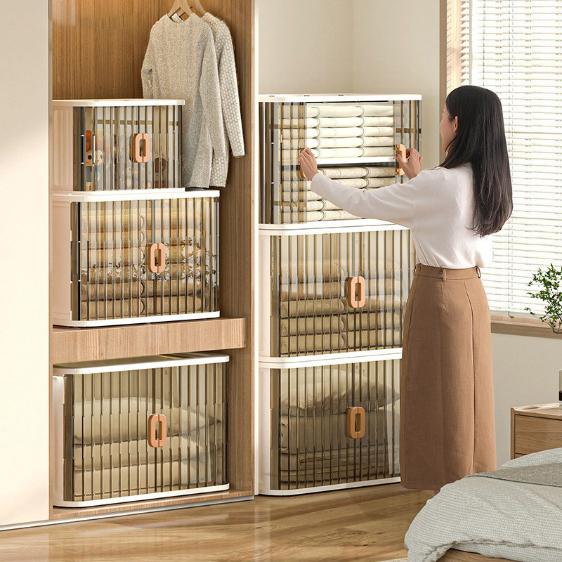 Home storage installation with lock storage box toy wardrobe organizing cabinet transparent folding storage cabinet