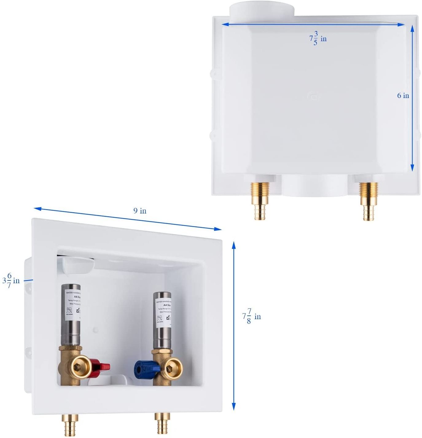 Washing Machine Outlet Box with Water Hammer Arrestor and Valves, Inlet 1/2 in. PEX F1807 Adapter, Outlet 3/4 in. Male Thread