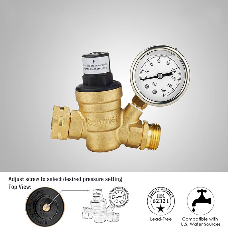 Green Valves Brass Lead-Free Adjustable Water Pressure Reducer valve with Gauge for RV Camper, and Inlet Screened Filter