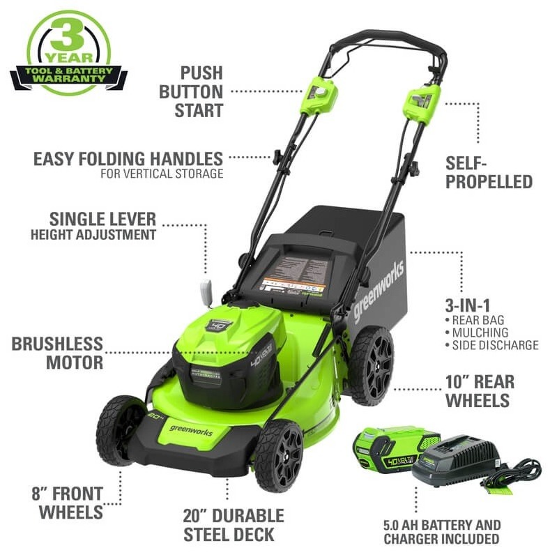 40V 20 Inch Cordless Brushless Self-Propelled Lawn Mower with 5.0Ah Battery and Charger