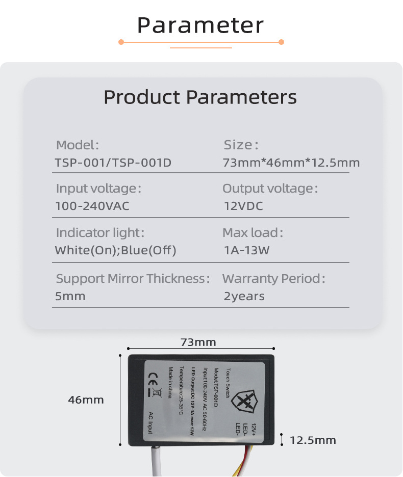 Wholesale Factory Price 110V 220V 12W 1A Led Light Mirror Touch Sensor Switch For 1-5mm Glass/Acrylic/Bathrom Mirror