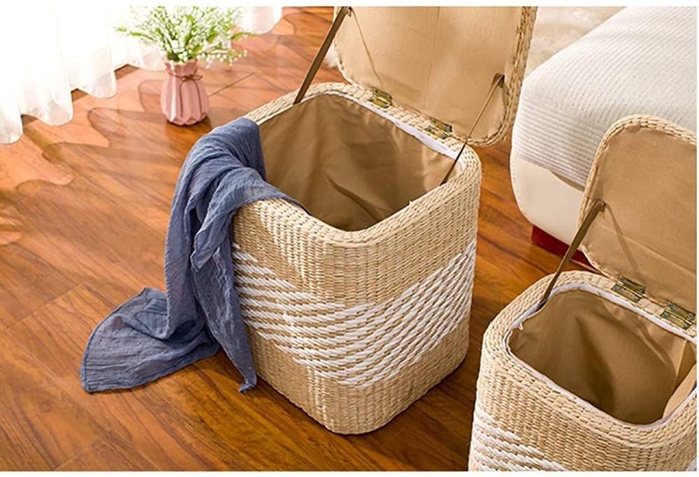 Sofa Stool Storage Stool Rattan Straw Shoe Bench Laundry Hamper Basket Finishing Storage Box Sundries Organizer Basket with Lid