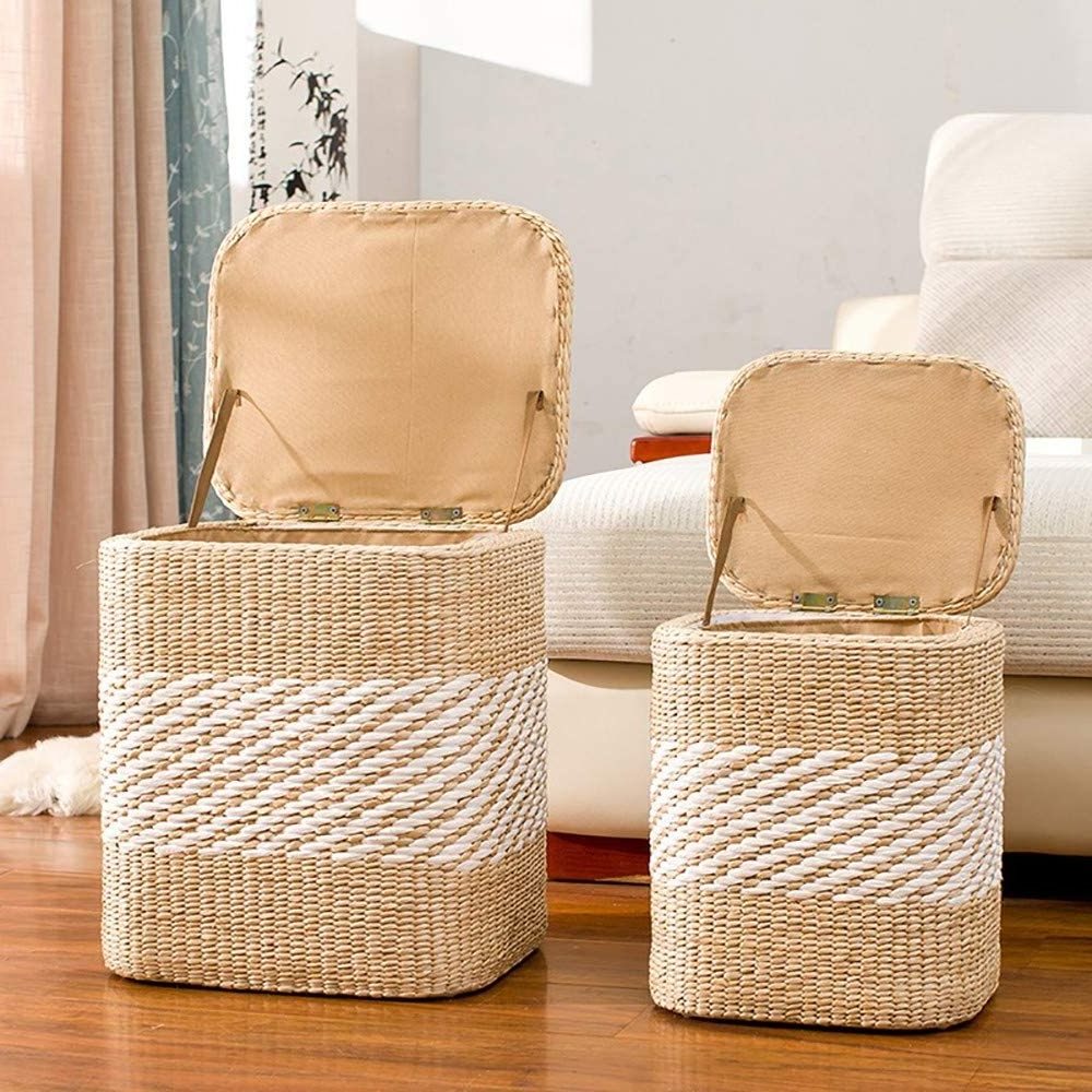 Sofa Stool Storage Stool Rattan Straw Shoe Bench Laundry Hamper Basket Finishing Storage Box Sundries Organizer Basket with Lid