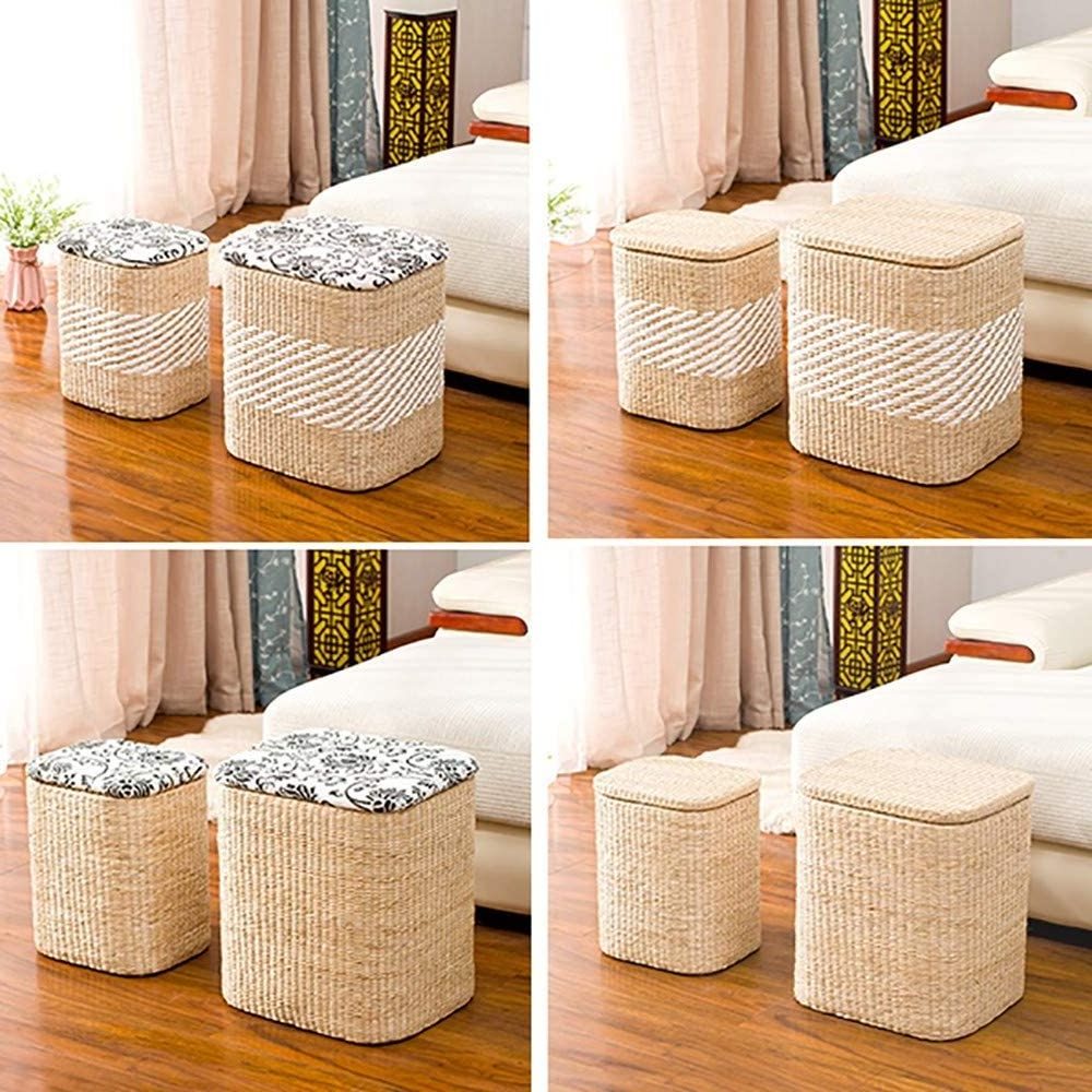 Sofa Stool Storage Stool Rattan Straw Shoe Bench Laundry Hamper Basket Finishing Storage Box Sundries Organizer Basket with Lid