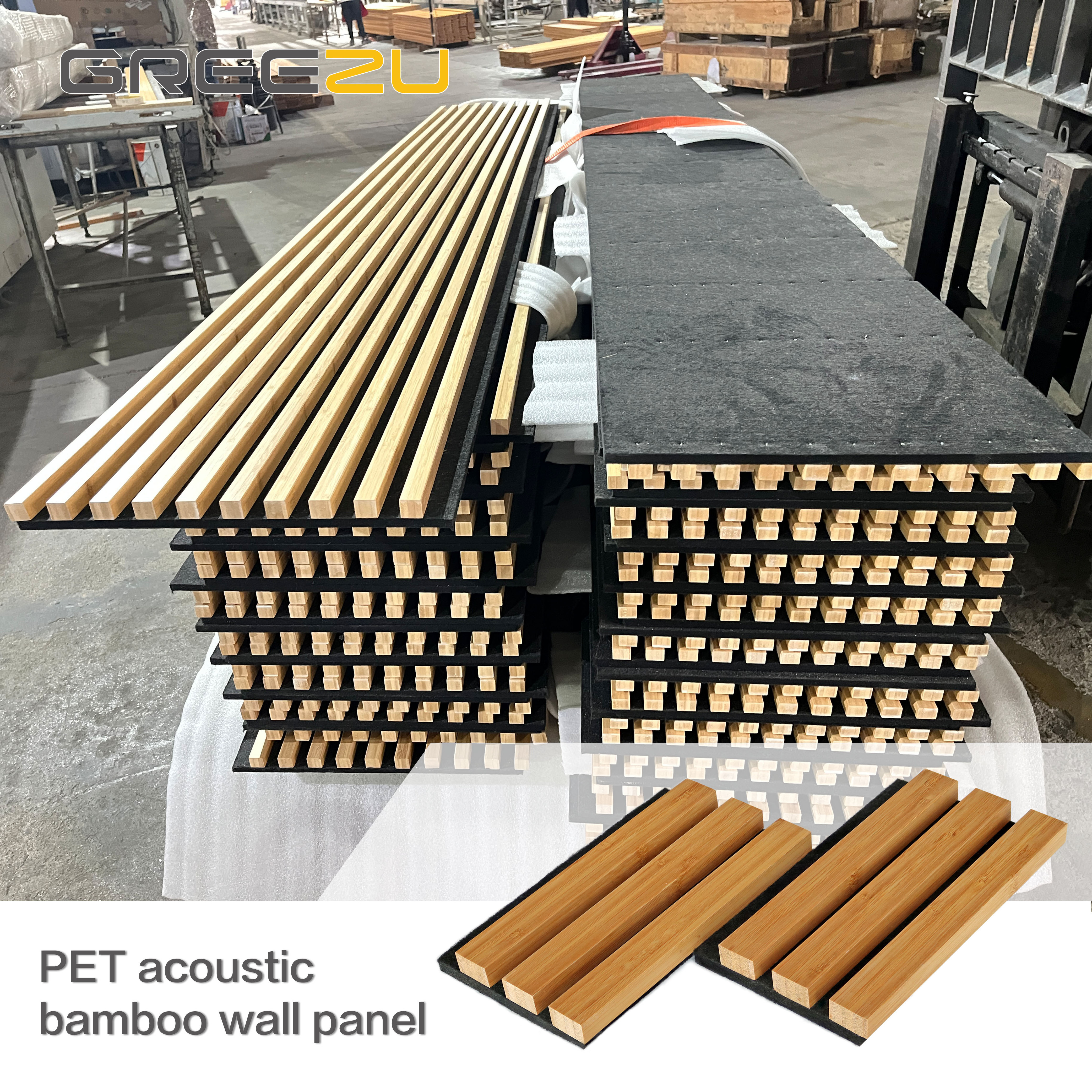 Greezu Direct factory Fire prevention Bamboo ceiling acoustics 3d panel Bamboo wooden slat PET soundproof padding wall panels