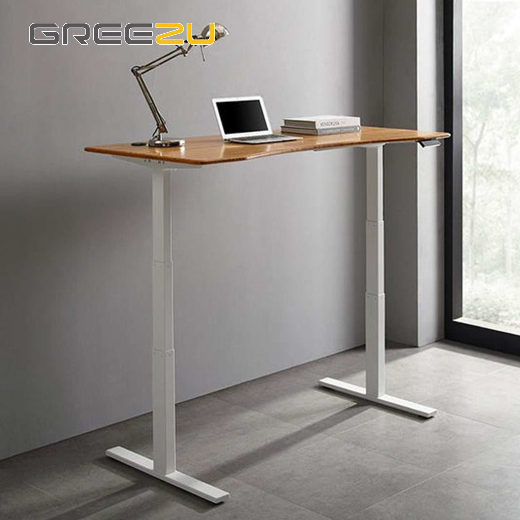 Greezu Bamboo office table up lift White frame height adjustable lifting Modern boss desk for study