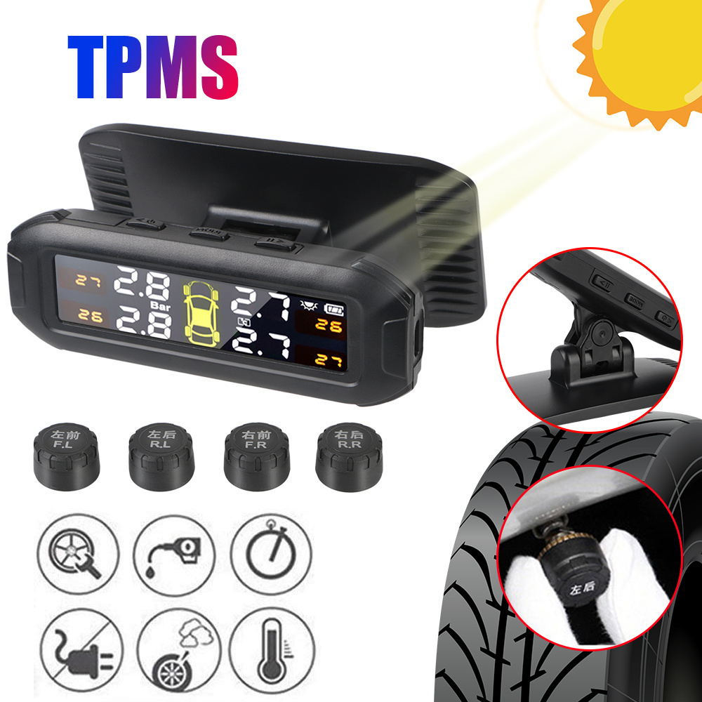 Wireless Solar Car Tire Pressure Monitoring System 4 External Sensors With Pressure Temperature Display Precision Instrument T8