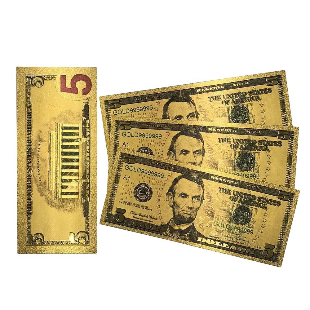 24K gold foil $5 banknote Gold plated bill gold prosperity bill America 5 dollar money