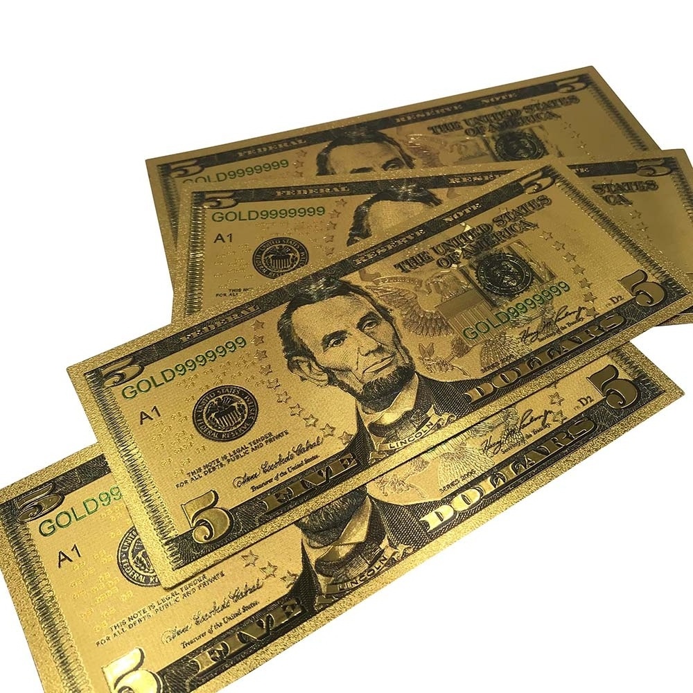 24K gold foil $5 banknote Gold plated bill gold prosperity bill America 5 dollar money