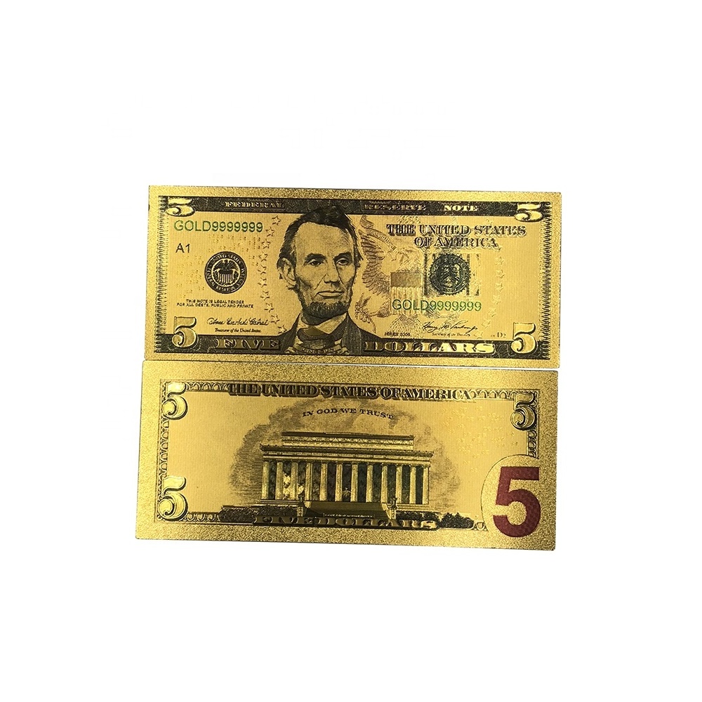 24K gold foil $5 banknote Gold plated bill gold prosperity bill America 5 dollar money