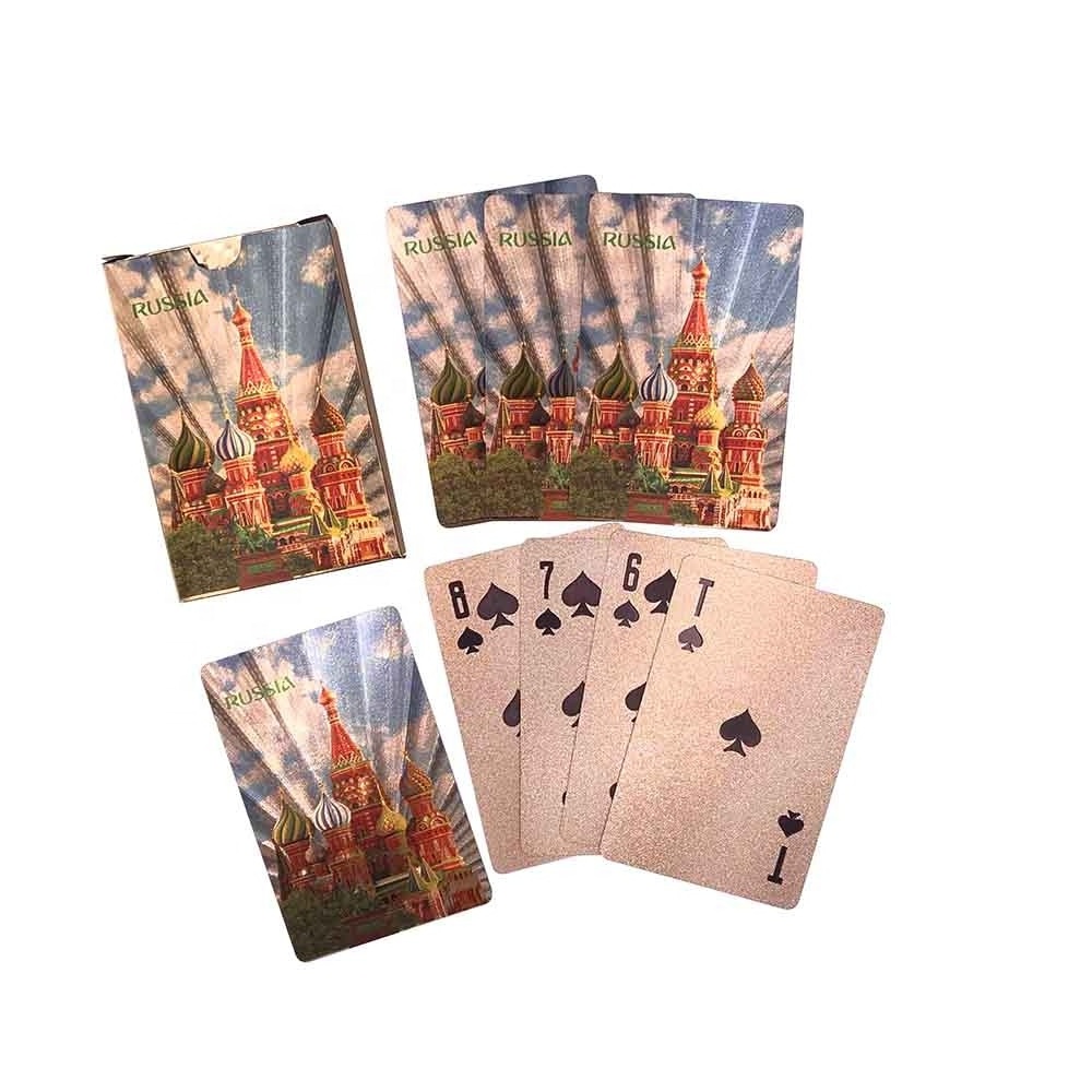 brown foil playing cards Russia Cathedral design plastic poker tour souvenir trading cards