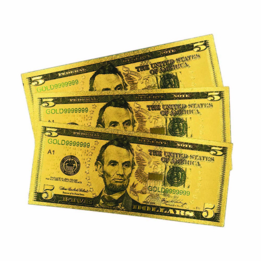 24K gold foil $5 banknote Gold plated bill gold prosperity bill America 5 dollar money