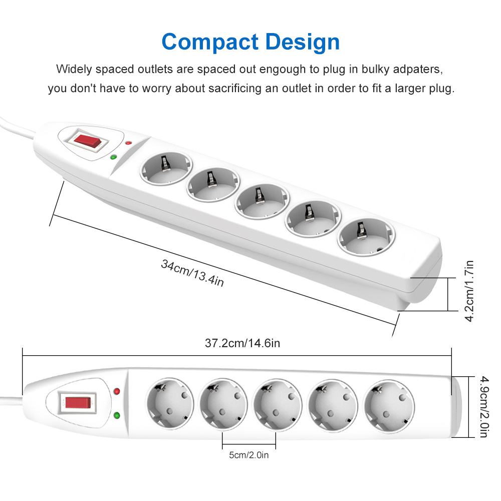 5 AC outlet Surge protector lighting protection 2 usb power board eu socket power strip  with VDE Plug and Switch power strip