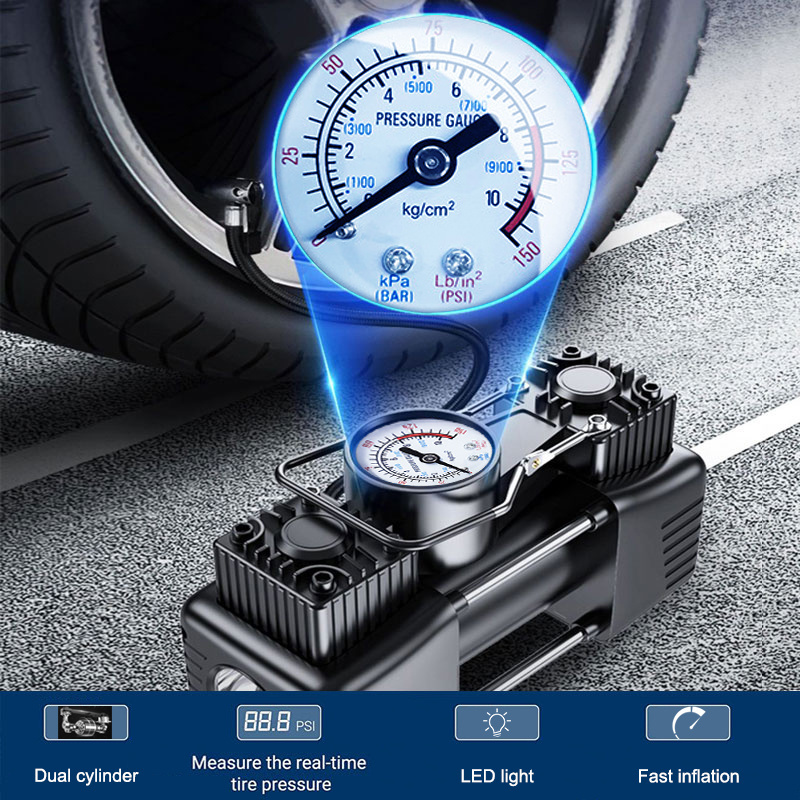 Portable Air Compressor Pump Tire Inflator 150PSI Heavy Duty Dual Cylinder with Pressure Gauge LED Light for Car SUV Trucks RV