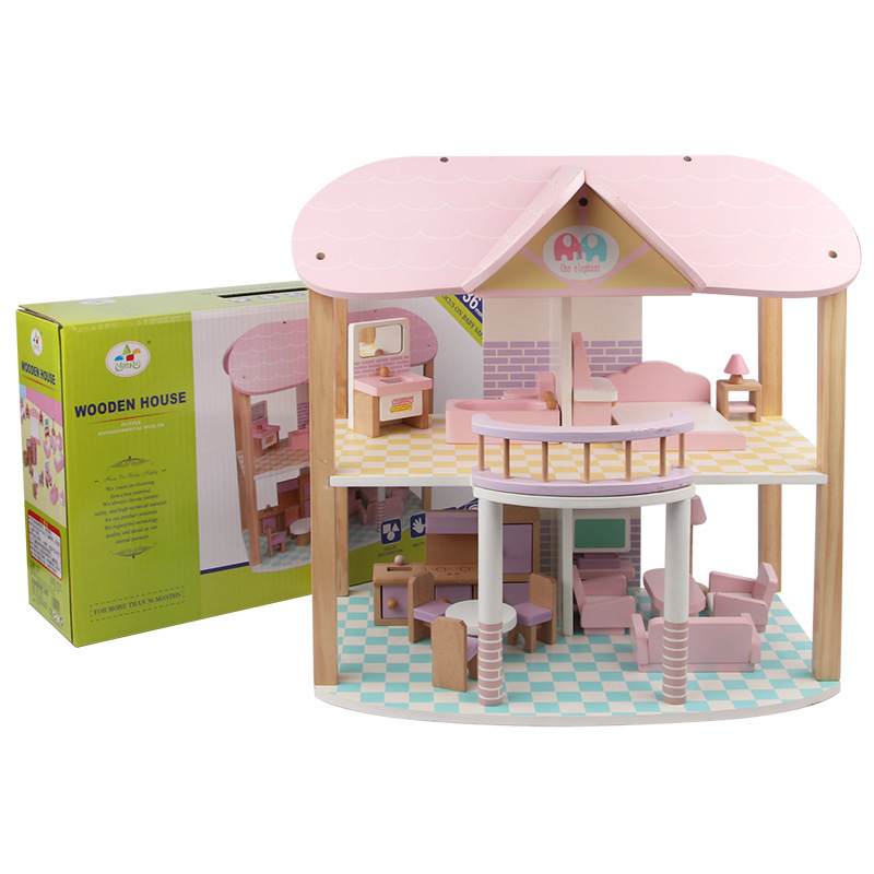 Children's Wooden simulation Pink Princess wooden house villa cabin house DIY assembled wooden toys