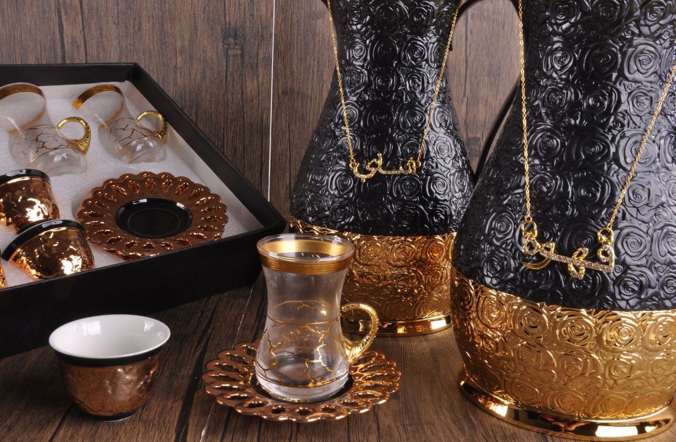 Royal black gold arabian glass liner carefe porcelain cawa cup 1L tea coffee kettle set dallah pot arabic coffee vacuum flasks