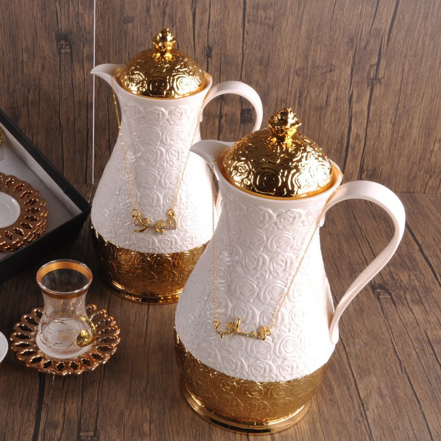 Royal black gold arabian glass liner carefe porcelain cawa cup 1L tea coffee kettle set dallah pot arabic coffee vacuum flasks