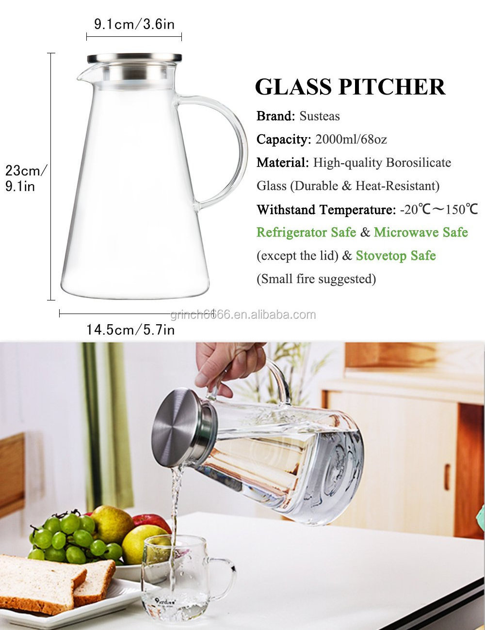 2.0 Liter 68 Ounces Glass pitcher with lid iced tea pitcher water jug hot cold water ice tea coffee milk juice beverage carafe