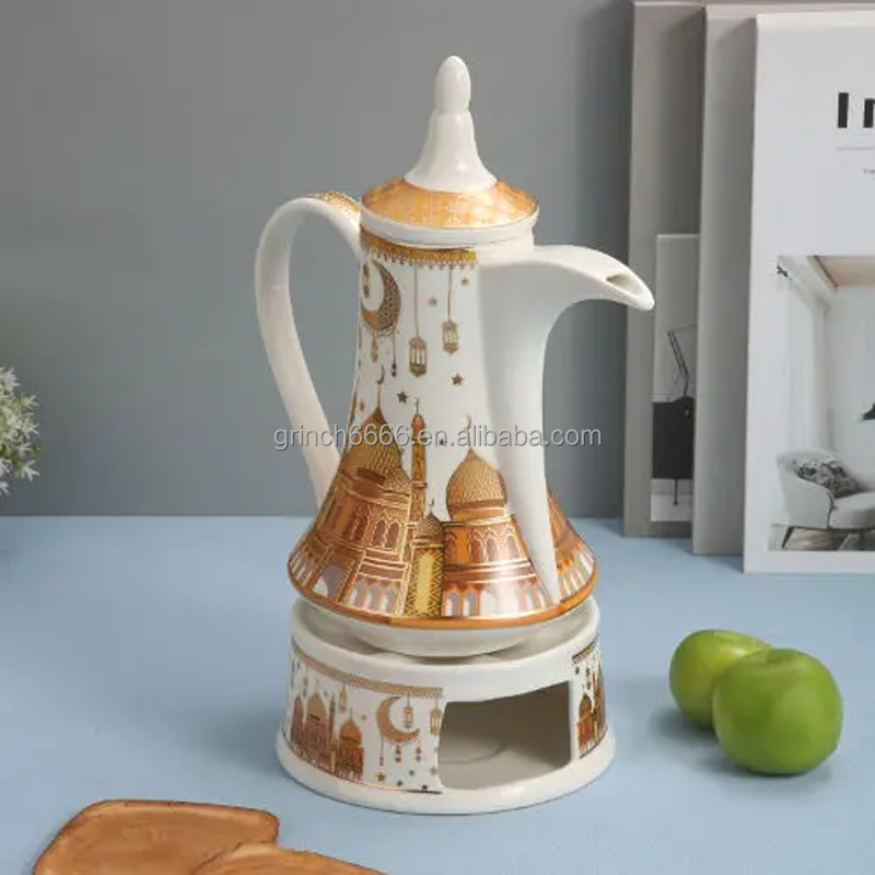 White Gold Ramadan Design Ceramic Arabic Coffee Pot with candle warmer eid mubarak Coffee Pot